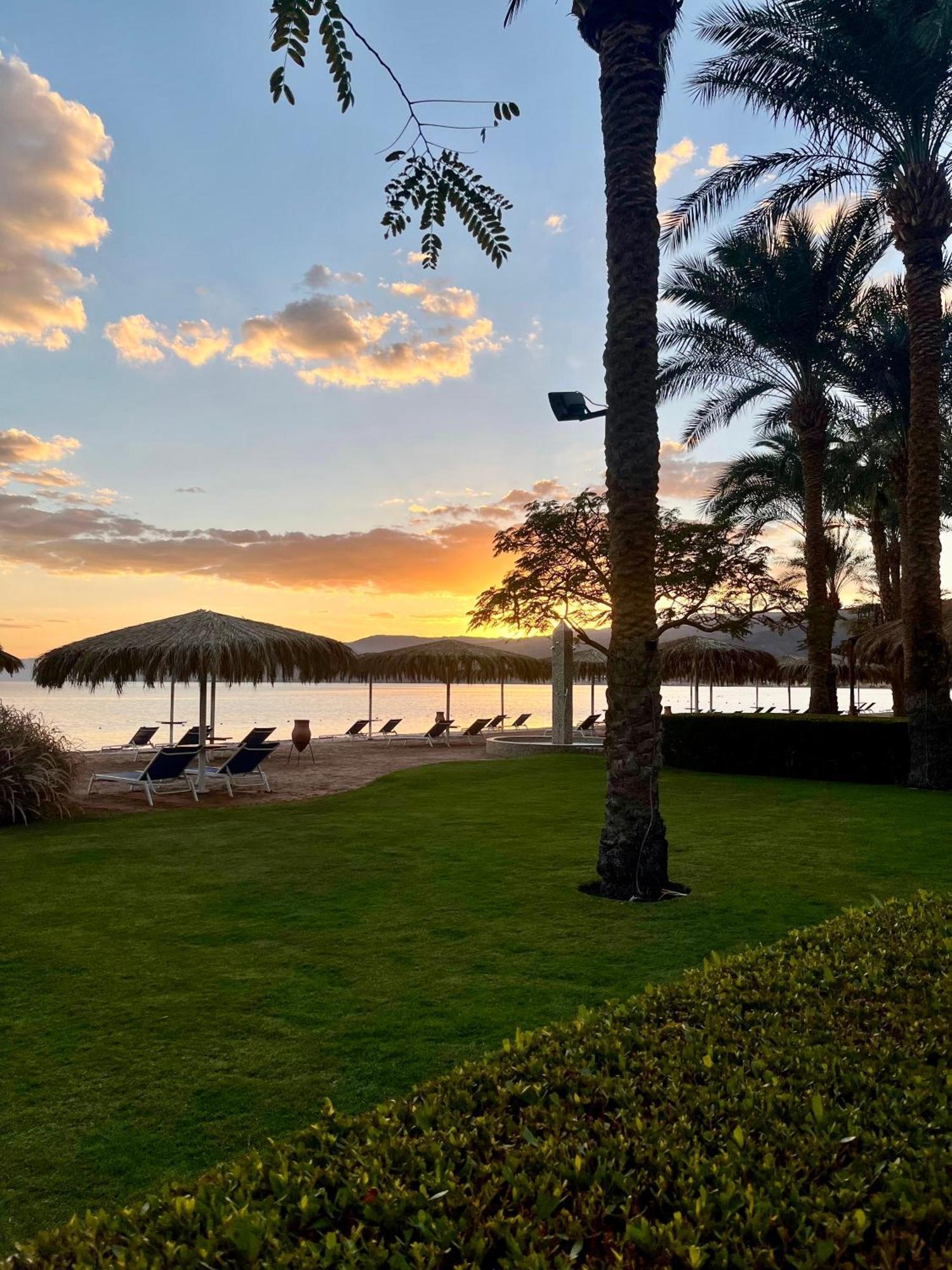 Steigenberger Hotel & Nelson Village, Taba Exterior foto The photo depicts a tranquil beach scene during sunset. In the foreground, there is lush green grass and some palm trees. Several lounge chairs are arranged under straw umbrellas near the water. The sunset casts a warm glow over the horizon, enhancin